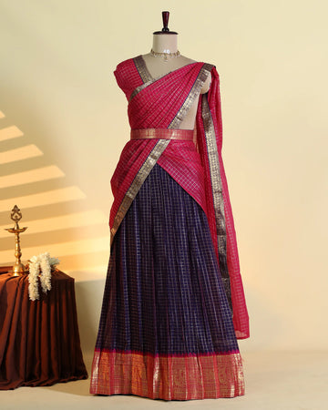 Women's Semi Stitched Dhavani Set with Woven Checkered Design Zari Border Skirt and Matching Dupatta - Red & Purple