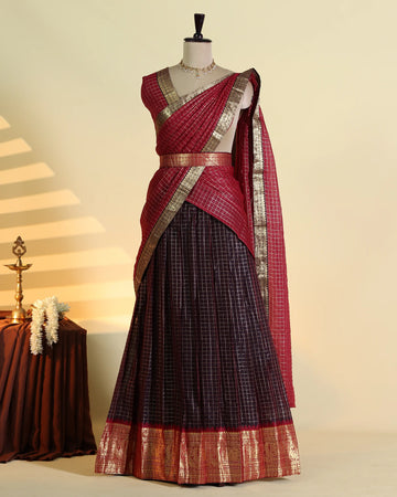 Women's Semi Stitched Dhavani Set with Woven Checkered Design Zari Border Skirt and Matching Dupatta - Maroon & Dark Purple