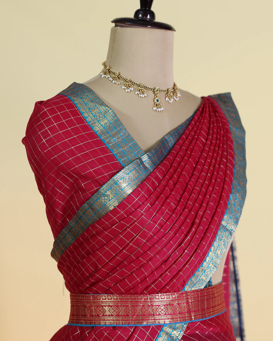 Women's Semi Stitched Dhavani Set with Woven Checkered Design Zari Border Skirt and Matching Dupatta - Red & Blue