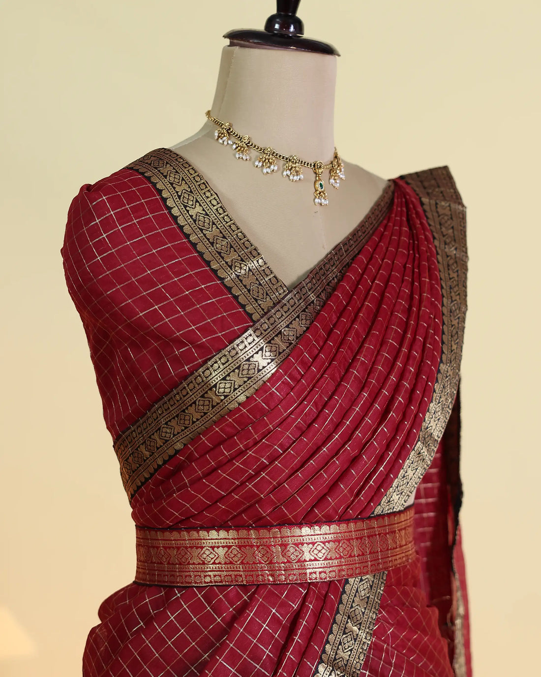Women's Semi Stitched Dhavani Set with Woven Checkered Design Zari Border Skirt and Matching Dupatta - Maroon & Dark Purple