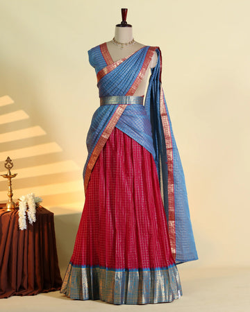 Women's Semi Stitched Dhavani Set with Woven Checkered Design Zari Border Skirt and Matching Dupatta - Blue & Red