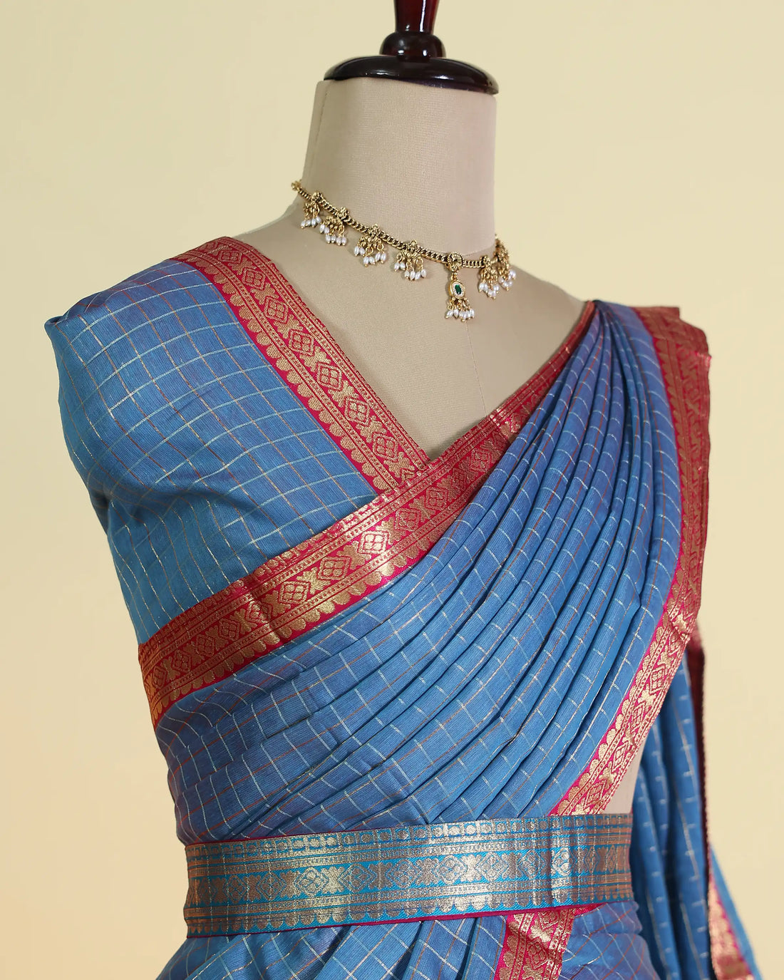 Women's Semi Stitched Dhavani Set with Woven Checkered Design Zari Border Skirt and Matching Dupatta - Blue & Red