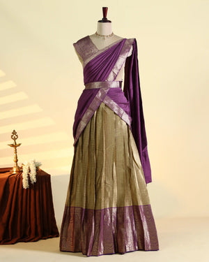 Women’s Semi Stitched Solid Dhavani Set with Checked Skirt Zari Woven Border and Matching Dupatta – Purple & Gold