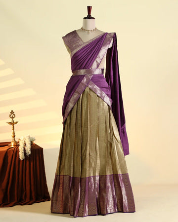 Women’s Semi Stitched Solid Dhavani Set with Checked Skirt Zari Woven Border and Matching Dupatta – Purple & Gold