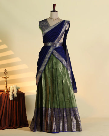 Women’s Semi Stitched Solid Dhavani Set with Checked Skirt Traditional Zari Woven Border and Matching Dupatta - Navy Blue & Green