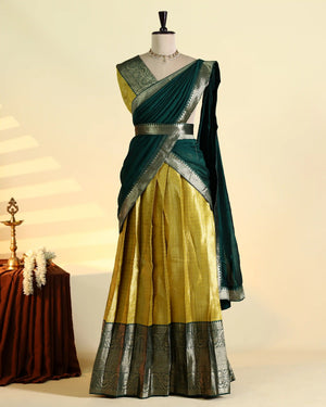 Women’s Semi Stitched Solid Dhavani Set with Checked Skirt Zari Woven Border and Matching Dupatta – Dark Green & Olive Green