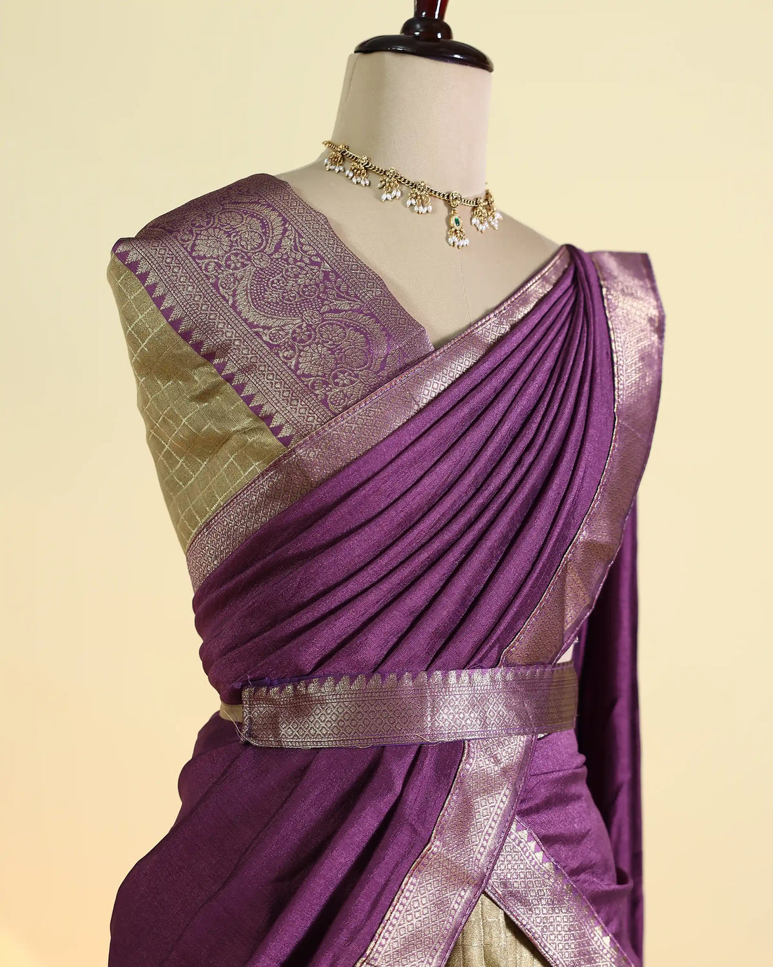 Women’s Semi Stitched Solid Dhavani Set with Checked Skirt Zari Woven Border and Matching Dupatta – Purple & Gold