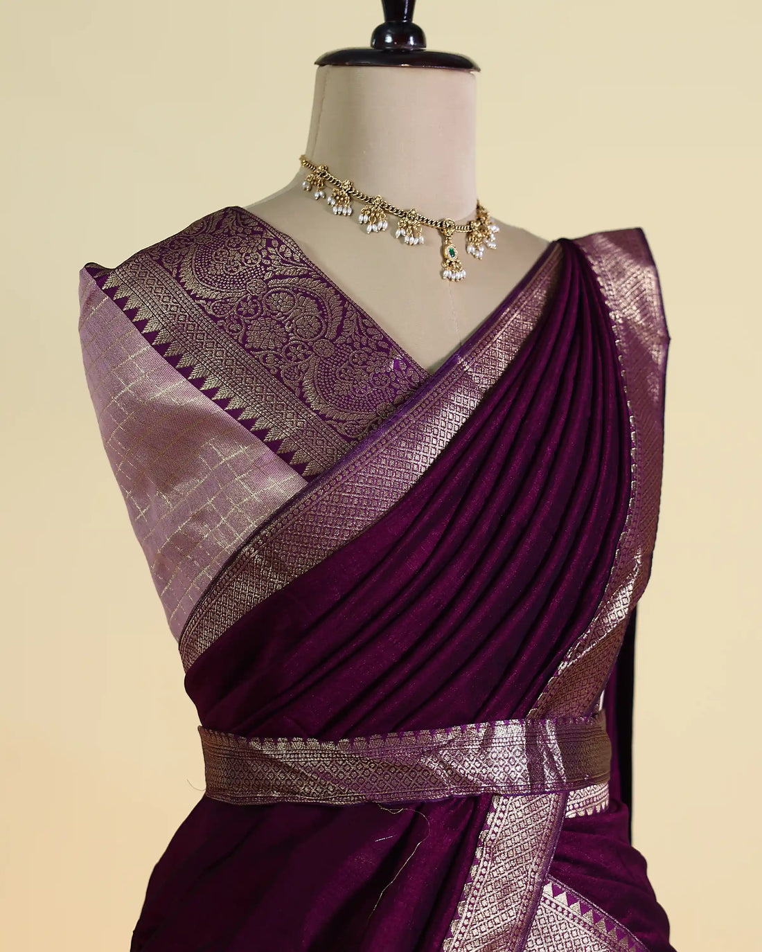 Women’s Semi Stitched Solid Dhavani Set with Checked Skirt Traditional Zari Woven Border and Matching Dupatta - Burgundy & Light Purple