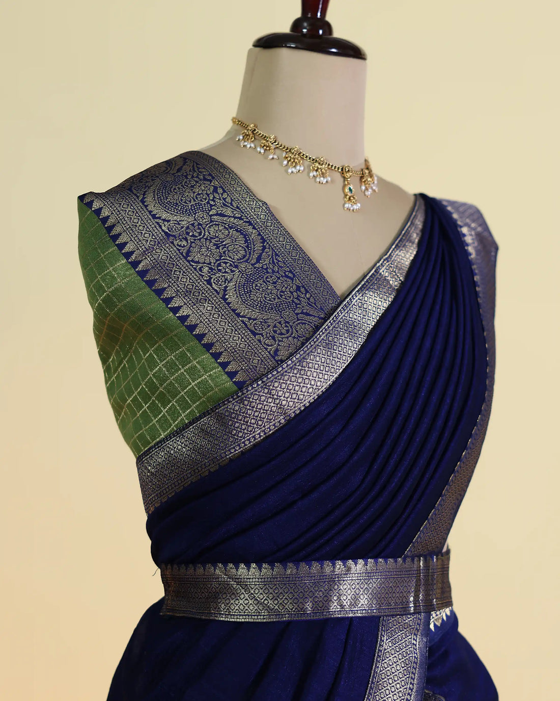 Women’s Semi Stitched Solid Dhavani Set with Checked Skirt Traditional Zari Woven Border and Matching Dupatta - Navy Blue & Green