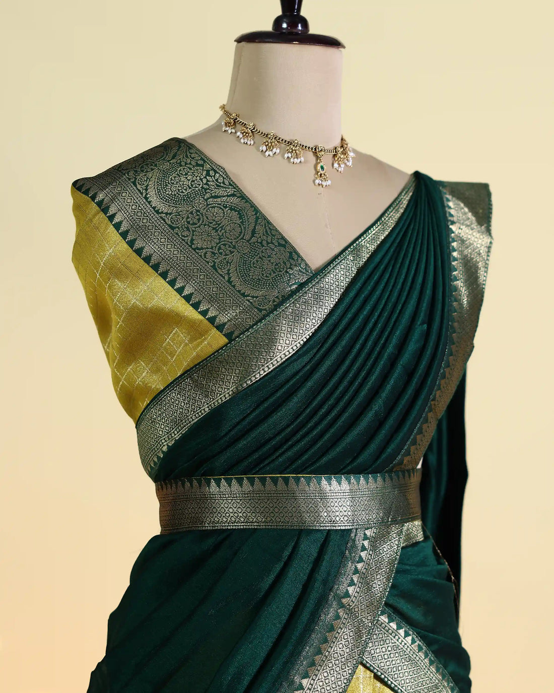 Women’s Semi Stitched Solid Dhavani Set with Checked Skirt Zari Woven Border and Matching Dupatta – Dark Green & Olive Green