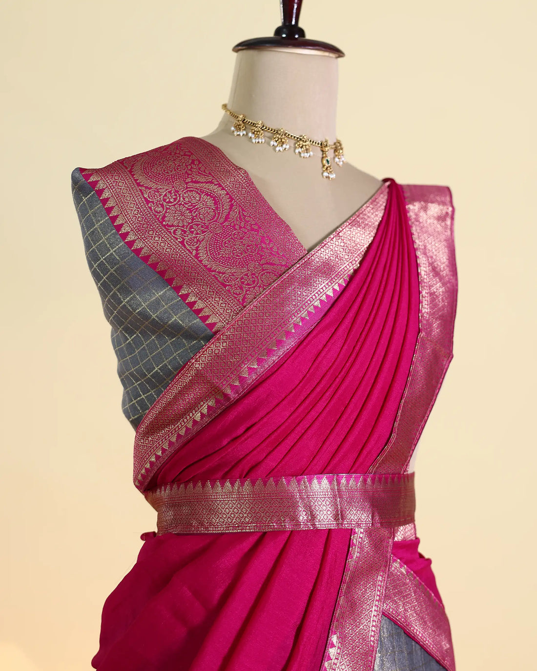 Women’s Semi Stitched Solid Dhavani Set with Checked Skirt Traditional Zari Woven Border and Matching Dupatta - Pink & Grey