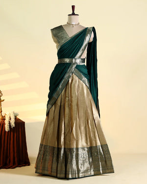 Women’s Semi Stitched Solid Dhavani Set with Checked Skirt Zari Woven Border and Matching Dupatta – Dark Green & Gold