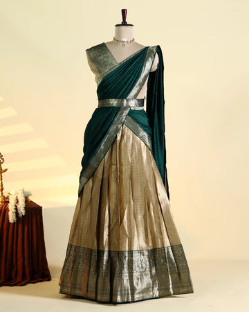 Women’s Semi Stitched Solid Dhavani Set with Checked Skirt Zari Woven Border and Matching Dupatta – Dark Green & Gold