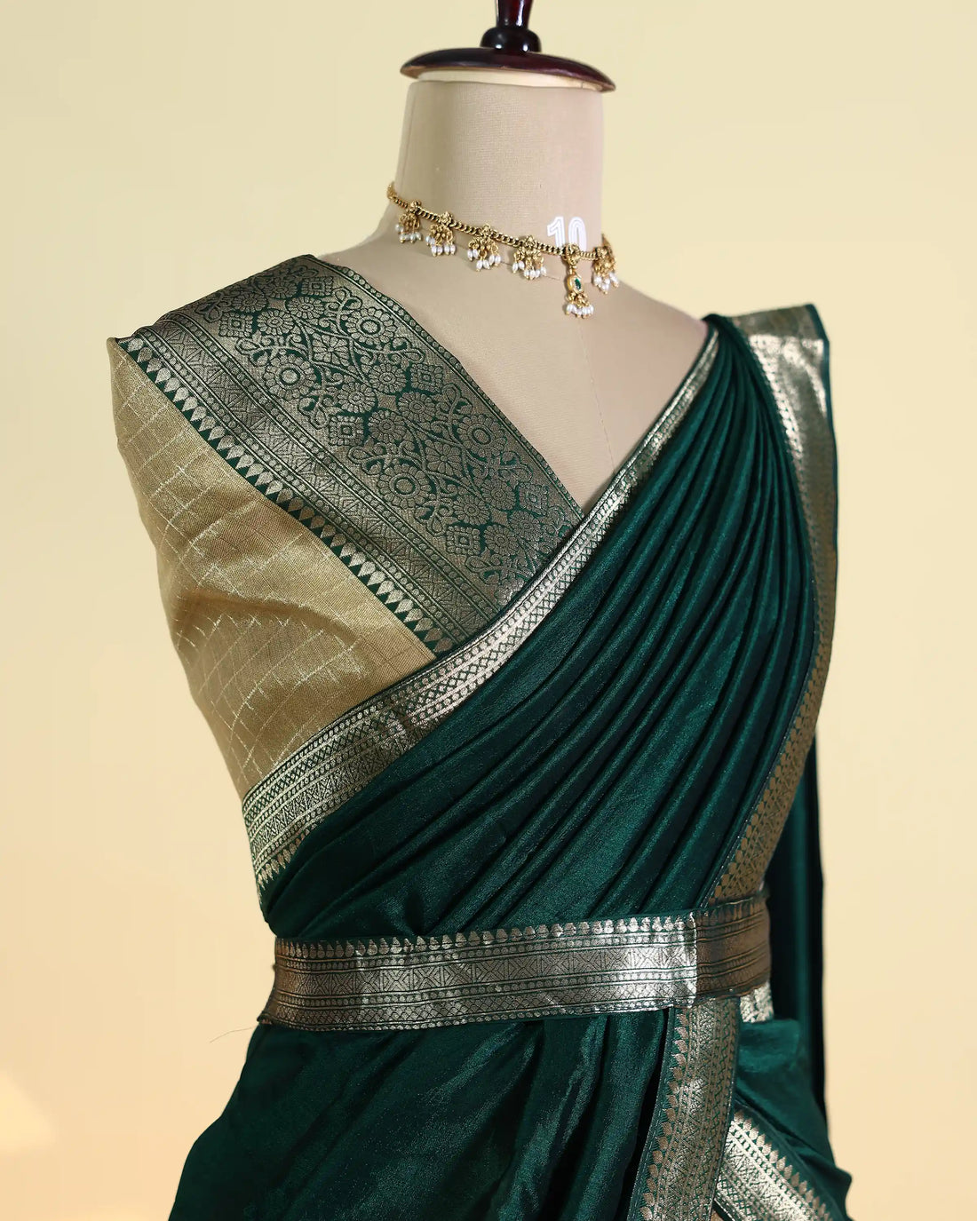 Women’s Semi Stitched Solid Dhavani Set with Checked Skirt Zari Woven Border and Matching Dupatta – Dark Green & Gold