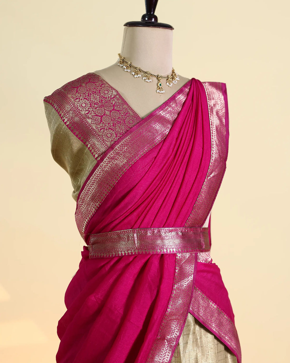 Womens Semi Stitched Dhavani Set with Checked Skirt Intricate Zari Woven Border and Draped Dupatta - Pink and Gold