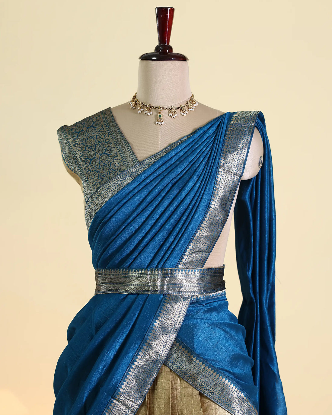 Women's Semi Stitched Dhavani Set with Checked Pattern Skirt Zari Woven Border and Draped Dupatta - Blue & Gold