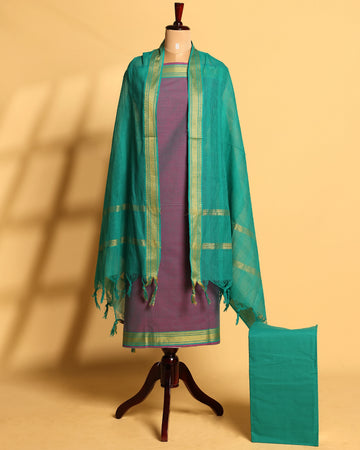 Elegant Women’s Unstitched Salwar Suit Material Set Top 2.5 Mtr, Pant 2 Mtr & Dupatta 2.25 Mtr with Woven Border - Dusty Purple