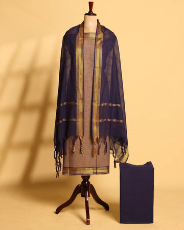 Elegant Women’s Unstitched Salwar Suit Material Set Top 2.5 Mtr, Pant 2 Mtr & Dupatta 2.25 Mtr with Woven Border - Brown