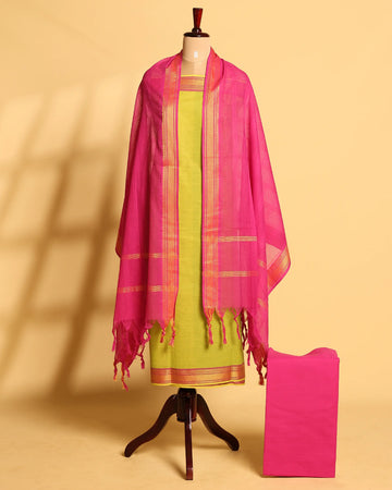 Elegant Women’s Unstitched Salwar Suit Material Set Top 2.5 Mtr, Pant 2 Mtr & Dupatta 2.25 Mtr with Woven Border - Parrot Green