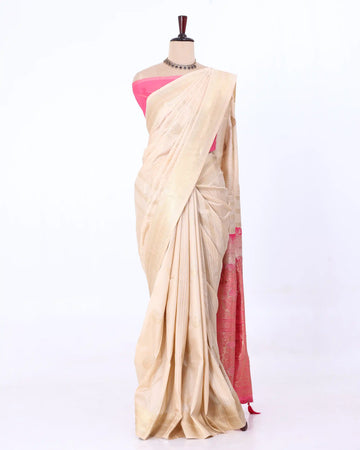 Art Silk Saree with Intricate Traditional Woven Motifs Ornate Floral Jacquard Pallu and Striped Zari Border - Beige