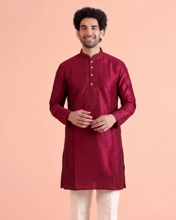 Men's Silk Blend Mandarin Collar Straight Kurta with Thread Work - Maroon