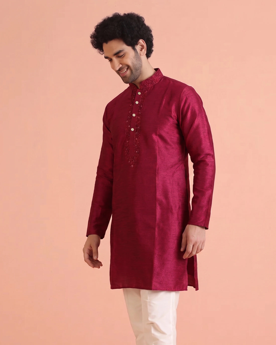 Men's Silk Blend Mandarin Collar Straight Kurta with Thread Work - Maroon