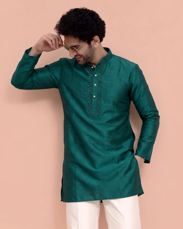 Men's Silk Blend Mandarin Collar Straight Kurta with Thread Work - Green