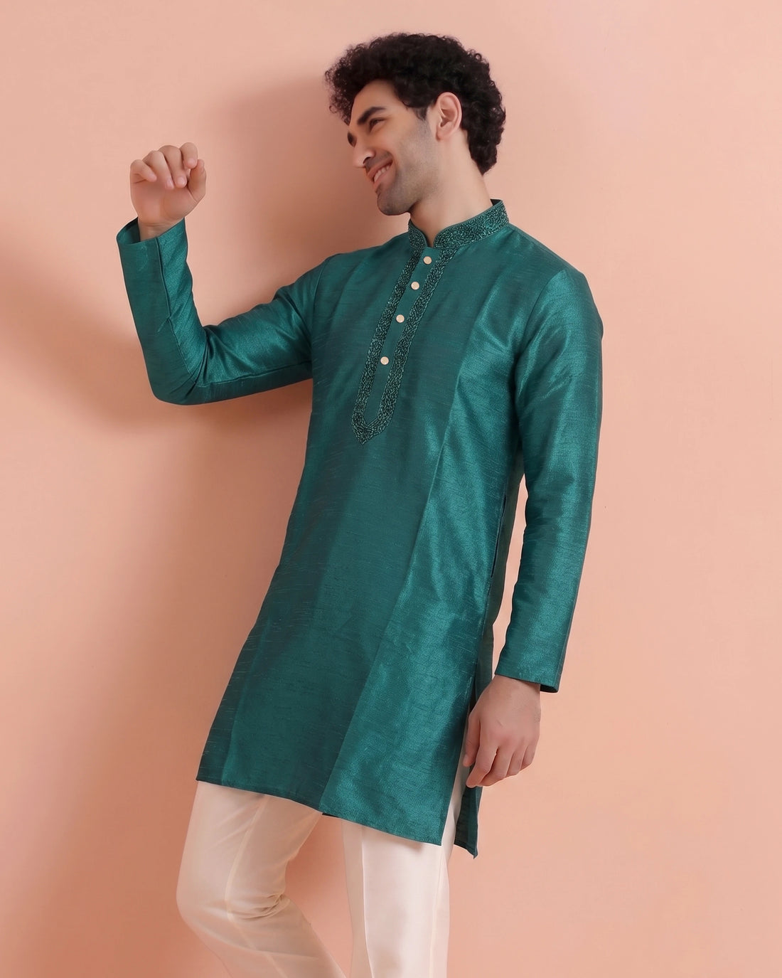 Men's Silk Blend Mandarin Collar Straight Kurta with Thread Work - Green