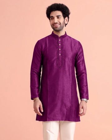 Men's Silk Blend Mandarin Collar Straight Kurta with Thread Work - Purple
