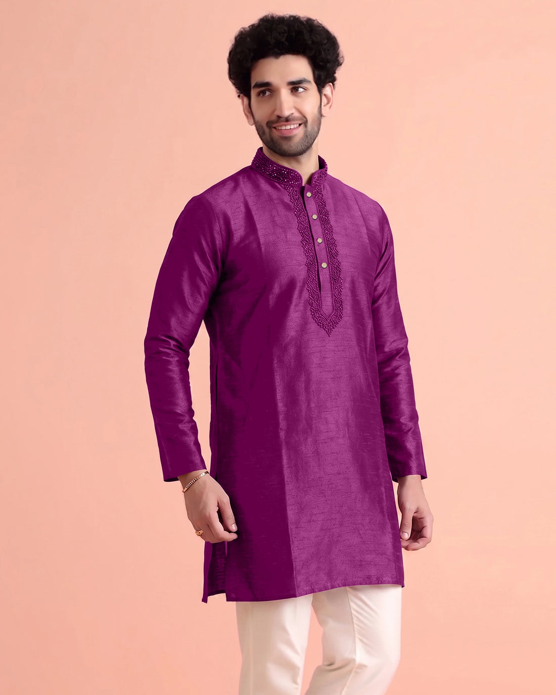 Men's Silk Blend Mandarin Collar Straight Kurta with Thread Work - Purple