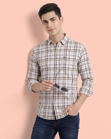 Nativebull Men’s Slim Fit Checked Full Sleeve Casual Shirt with Button Down Collar - Beige