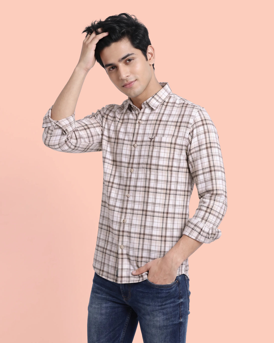 Nativebull Men’s Slim Fit Checked Full Sleeve Casual Shirt with Button Down Collar - Beige