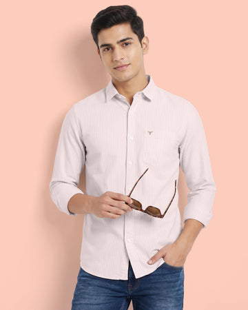 Nativebull Men’s Slim Fit Button Down Collared Full Sleeve Striped Cotton Shirt - Beige