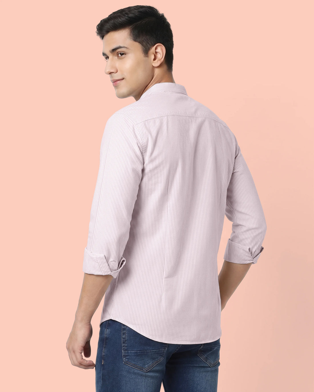 Nativebull Men's Striped Slim Fit Full Sleeve Mandarin Collar Casual Shirt - Beige