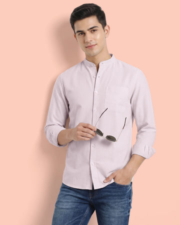 Nativebull Men's Striped Slim Fit Full Sleeve Mandarin Collar Casual Shirt - Beige