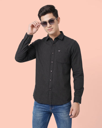 Nativebull Men’s Slim Fit Button Down Collared Full Sleeve Striped Cotton Shirt - Black