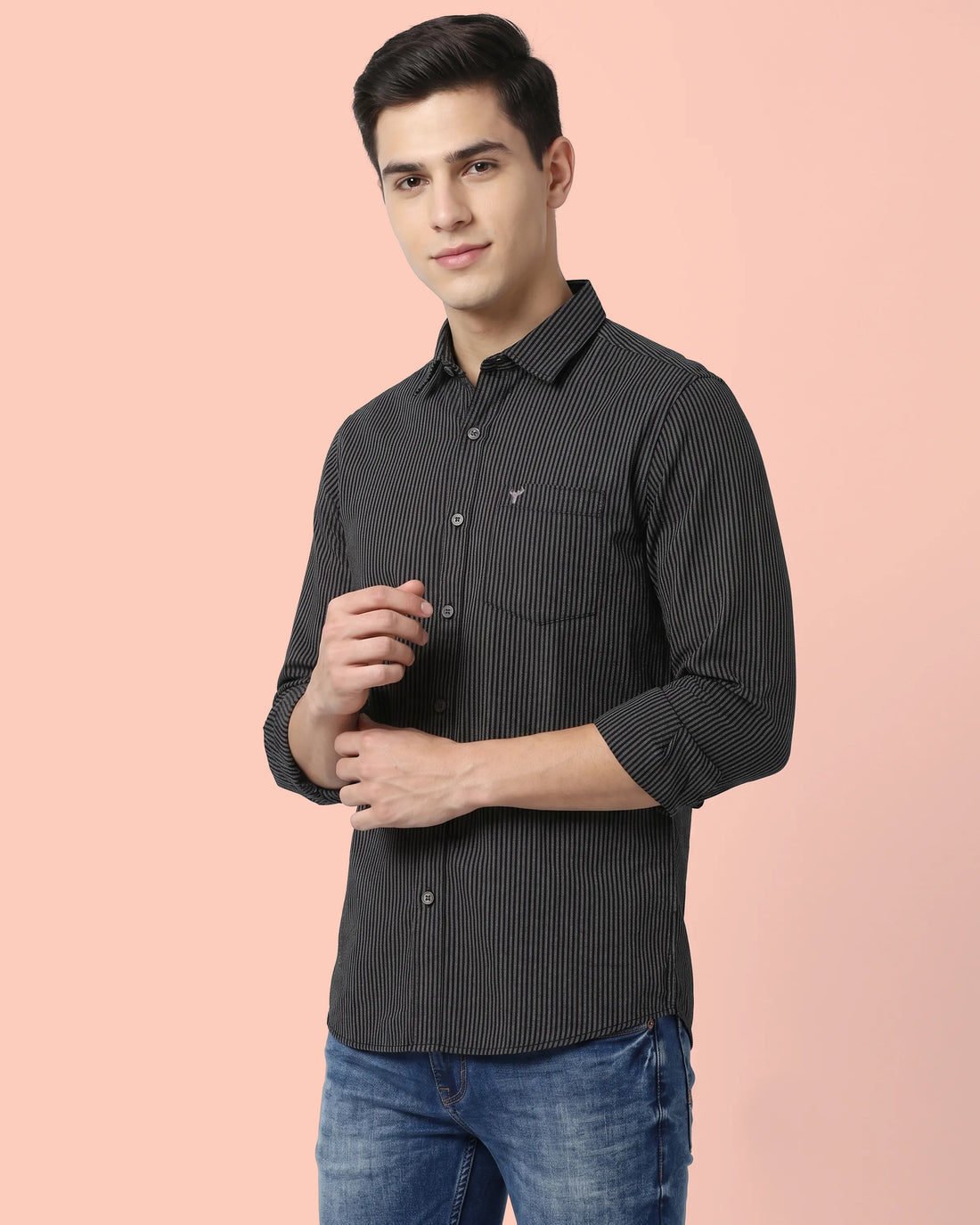 Nativebull Men’s Slim Fit Button Down Collared Full Sleeve Striped Cotton Shirt - Black