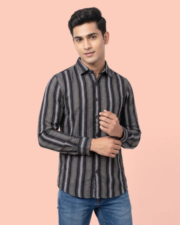Nativebull Men’s Full Sleeve Striped Casual Shirt with Button Down Collar and Slim Fit - Black