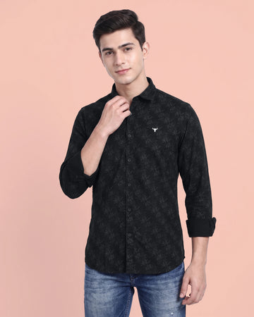 Nativebull Men’s Floral Printed Cotton Full Sleeve Casual Shirt with Spread Collar and Button Down Front  - Black