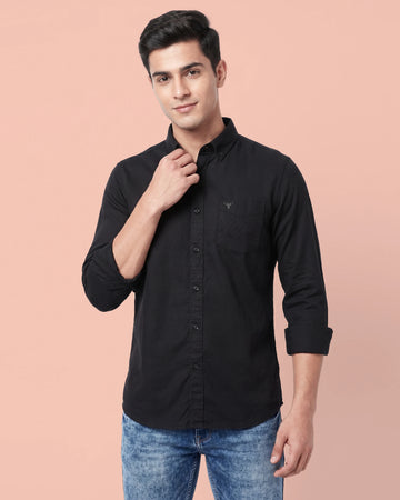 Nativebull Men’s Solid Textured Cotton Full Sleeve Casual Shirt with Button Down Collar - Black