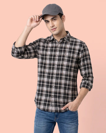 Nativebull Men’s Slim Fit Checked Full Sleeve Casual Shirt with Button Down Collar - Black