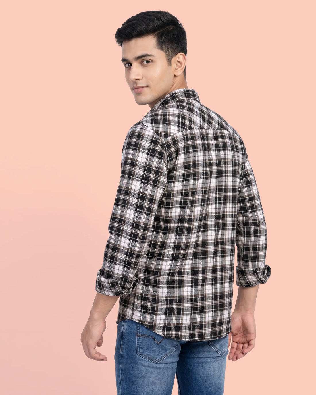 Nativebull Men’s Slim Fit Checked Full Sleeve Casual Shirt with Button Down Collar - Black