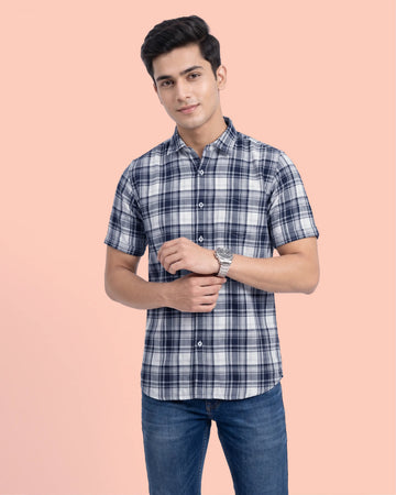 Nativebull Men’s Slim Fit Checked Short Sleeve Casual Shirt with Button Down Collar - Blue