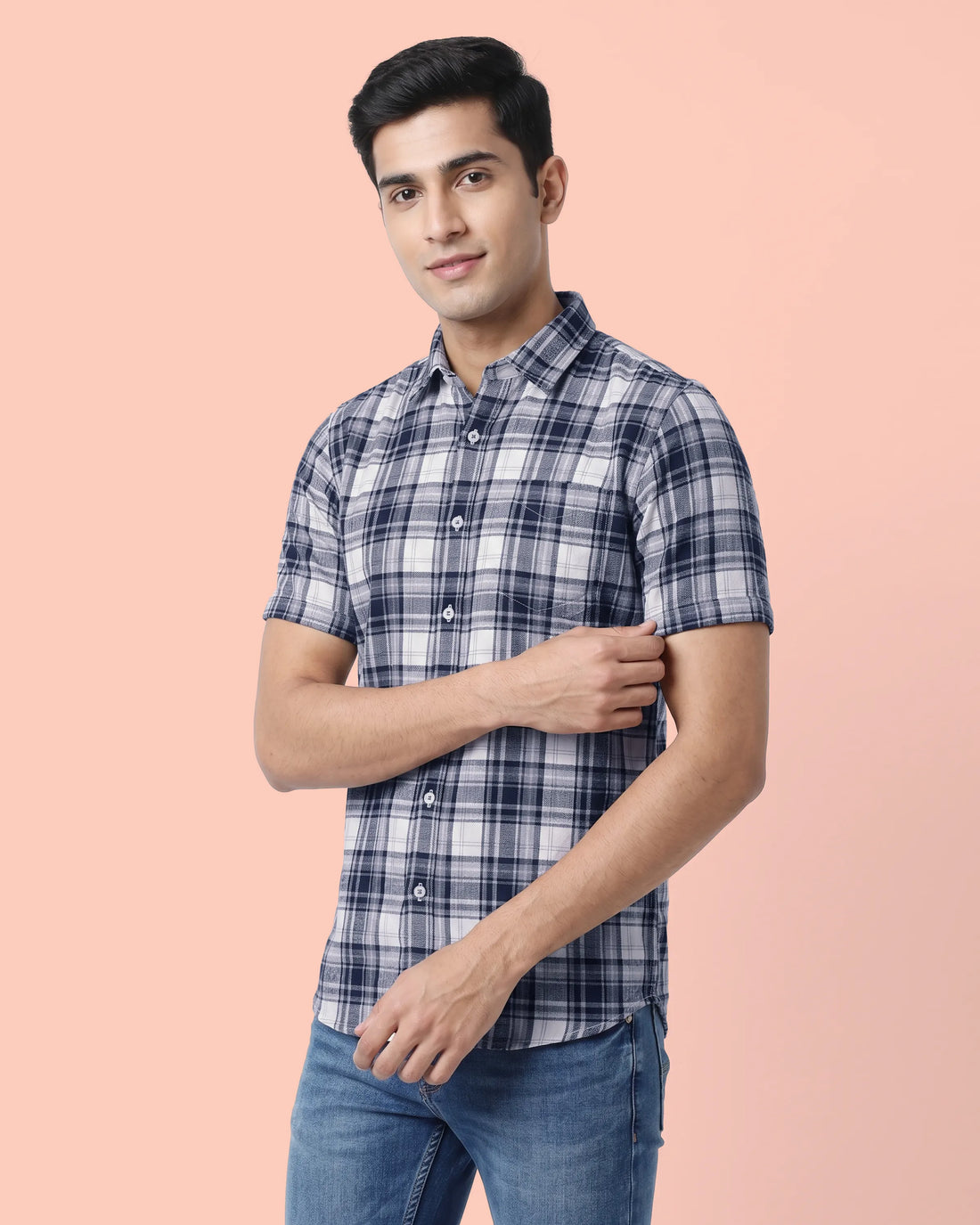 Nativebull Men’s Slim Fit Checked Short Sleeve Casual Shirt with Button Down Collar - Blue