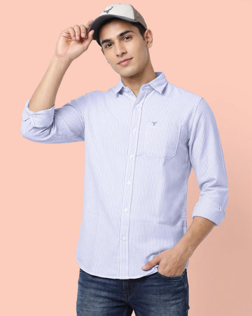 Nativebull Men’s Slim Fit Button Down Collared Full Sleeve Striped Cotton Shirt - Light Blue