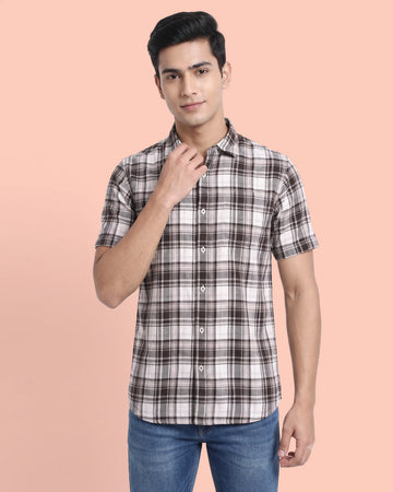 Nativebull Men’s Slim Fit Checked Short Sleeve Casual Shirt with Button Down Collar - Brown