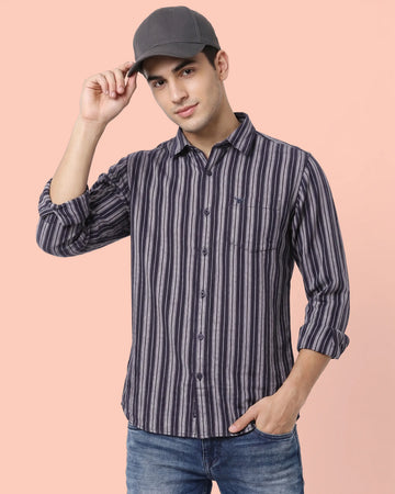 Nativebull Men’s Vertical Striped Cotton Casual Shirt with Spread Collar & Full Sleeves - Dark Blue