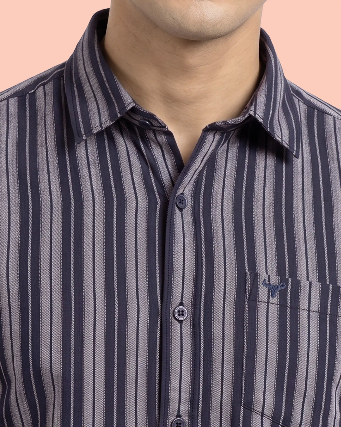 Nativebull Men’s Vertical Striped Cotton Casual Shirt with Spread Collar & Full Sleeves - Dark Blue