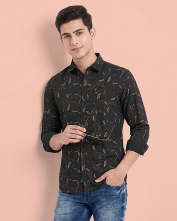 Nativebull Men's Slim Fit Leaf Print Casual Shirt with Spread Collar and Full Sleeves - Dark Green