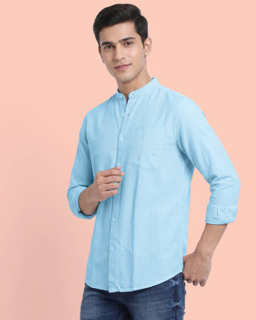 Nativebull Men's Striped Slim Fit Full Sleeve Mandarin Collar Casual Shirt - Aqua Green